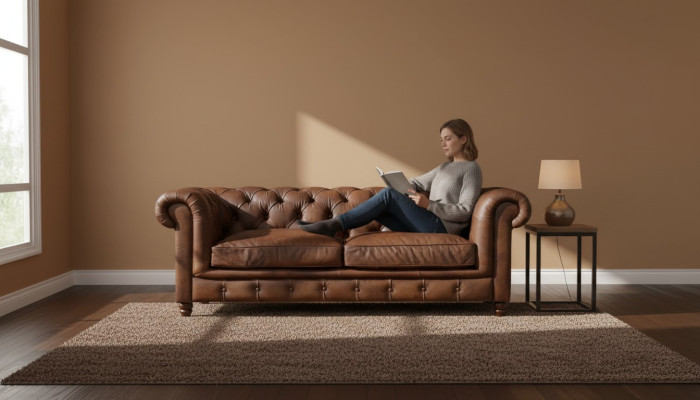 Chesterfield marrón de tres plazas de cuero, moderno diseño de salón. Nuevo sofá.