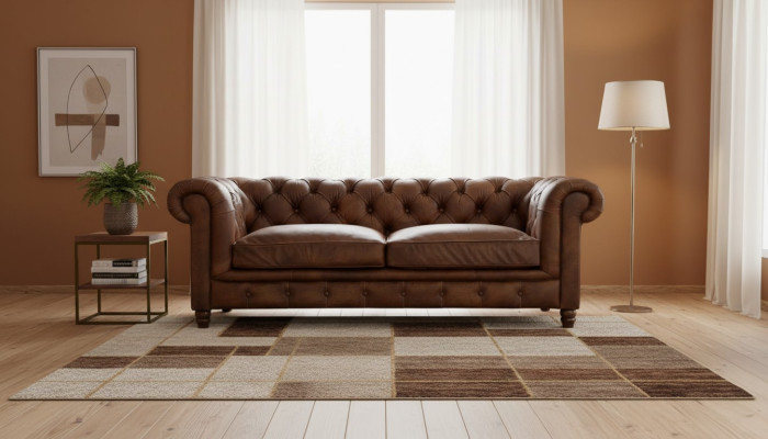 Chesterfield marrón de tres plazas de cuero, moderno diseño de salón. Nuevo sofá.