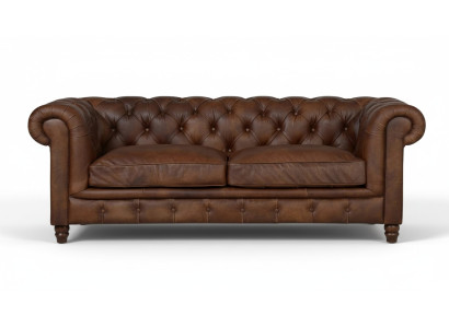 Chesterfield marrón de tres plazas de cuero, moderno diseño de salón. Nuevo sofá.