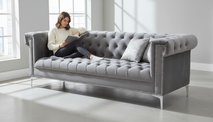 Grau Chesterfield de tres plazas de tela diseño de sofá de salón de estar nuevas.