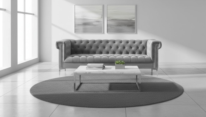 Grau Chesterfield de tres plazas de tela diseño de sofá de salón de estar nuevas.