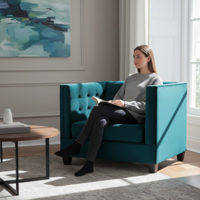 Sillón Chesterfield de tela textil verde mar. Muebles creativos nuevos para la sala de estar.