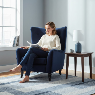 Sillón de tela de terciopelo Chesterfield azul contemporáneo en el salón.