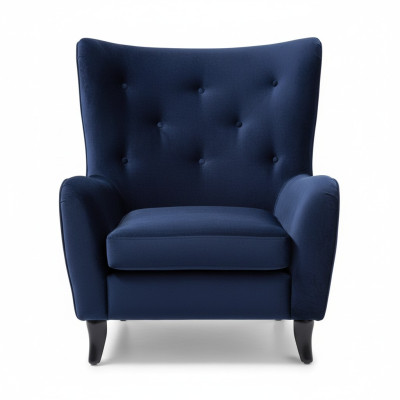 Sillón de tela de terciopelo Chesterfield azul contemporáneo en el salón.