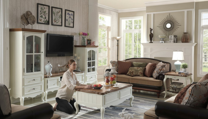 Conjunto de muebles de salón Landhaus Stol Vitrina Aparador RTV de Madera Blanco - Juego de 3 piezas.