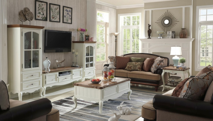 Conjunto de muebles de salón Landhaus Stol Vitrina Aparador RTV de Madera Blanco - Juego de 3 piezas.