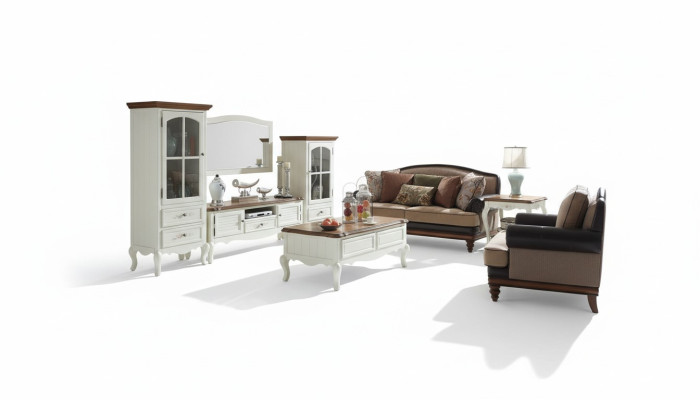 Conjunto de muebles de salón Landhaus Stol Vitrina Aparador RTV de Madera Blanco - Juego de 3 piezas.