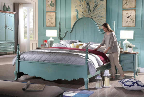 Dormitorio estilo casa de campo azul cama de madera muebles clásicos camas 180x200cm conjunto nuevo