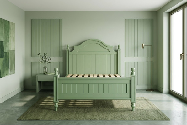Cama verde, cama doble clásica, cama de campo, cama de hotel de lujo, dormitorio nuevo.