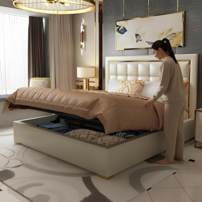 Cama acolchada de diseño de lujo en gris, cama doble de 180x200cm para dormitorio de cuero de hotel.