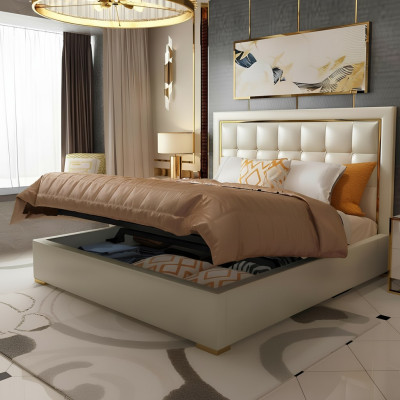 Cama acolchada de diseño de lujo en gris, cama doble de 180x200cm para dormitorio de cuero de hotel.