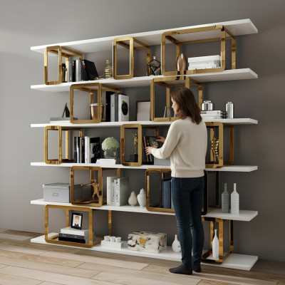 Diseño de estantería separadora de pared para sala de estar, armarios de acero inoxidable y estantes, estante de libros nuevo.