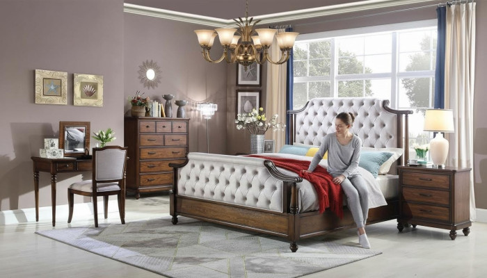 Conjunto de dormitorio de diseño de 6 piezas. Juego completo de dormitorio con cama, mesita de noche y cómoda nuevo.
