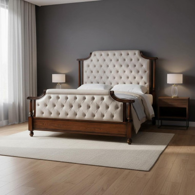 Diseño de lujo de cama tapizada de dos plazas para hoteles. Habitación de descanso en cuero Chesterfield.