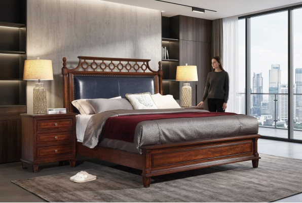 Cama de madera real de cuero de 3 piezas. Set, cómoda, dormitorio de estilo fundador, conjunto de muebles.