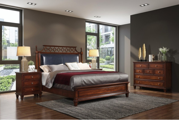 Cama de madera real de cuero de 3 piezas. Set, cómoda, dormitorio de estilo fundador, conjunto de muebles.