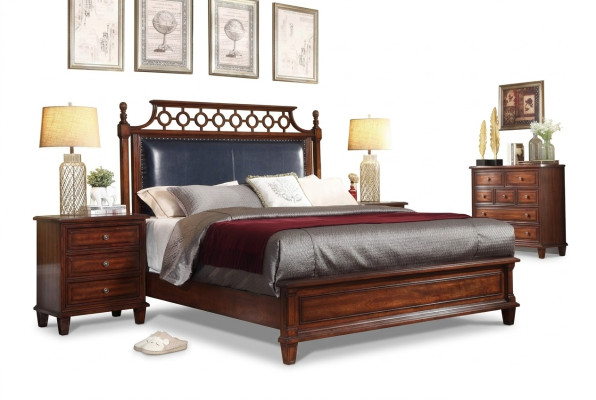 Cama de madera real de cuero de 3 piezas. Set, cómoda, dormitorio de estilo fundador, conjunto de muebles.