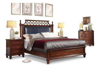Cama de madera real de cuero de 3 piezas. Set, cómoda, dormitorio de estilo fundador, conjunto de muebles.