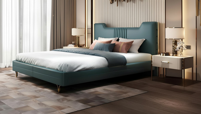 Moderna cama de diseñador de madera, elegantes muebles, camas dobles, nuevo dormitorio, tapizado.