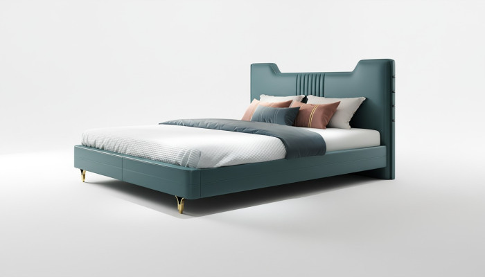 Moderna cama de diseñador de madera, elegantes muebles, camas dobles, nuevo dormitorio, tapizado.