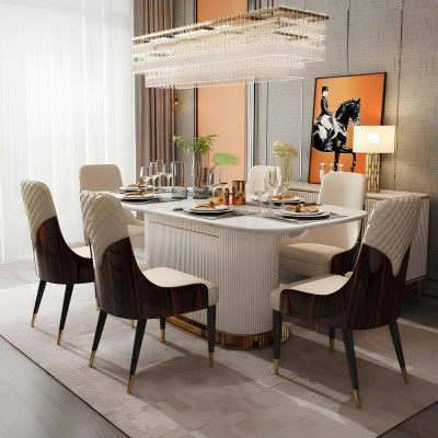 Lujo de madera noble silla de cuero silla grupo conjunto de 6 sillas de respaldo alto.