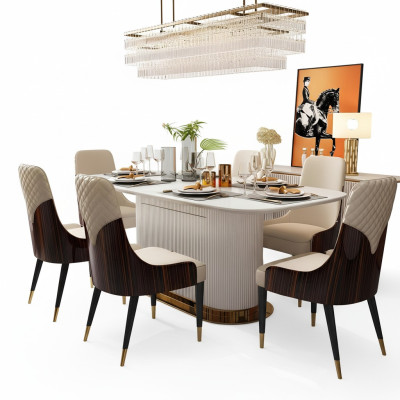 Lujo de madera noble silla de cuero silla grupo conjunto de 6 sillas de respaldo alto.
