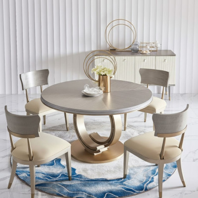 Mesa de comedor de diseño de lujo, mesa de comedor tapizada de madera de acero inoxidable redonda.