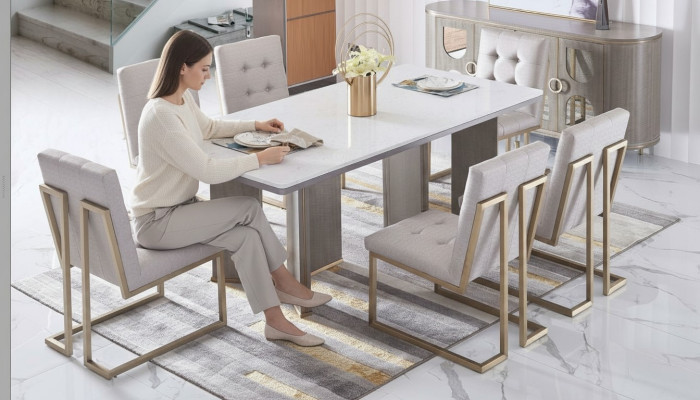 Conjunto de sillas de comedor de diseñador de metal y tela, 6 sillas de salón.