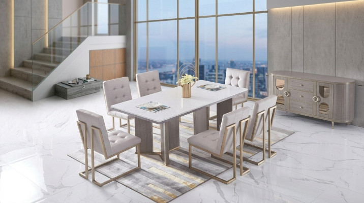 Conjunto de sillas de comedor de diseñador de metal y tela, 6 sillas de salón.