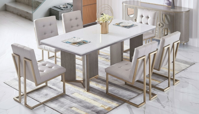 Conjunto de sillas de comedor de diseñador de metal y tela, 6 sillas de salón.