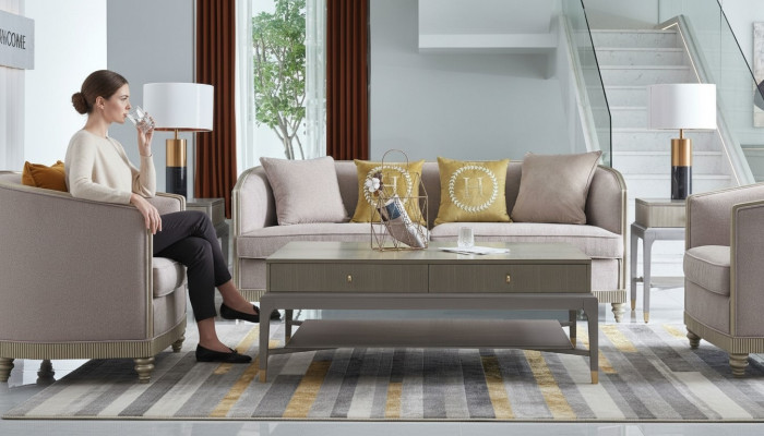 Sofá de diseñador con asientos acolchados 3+1+1 beige conjunto de tela de sofá de terciopelo nuevo.