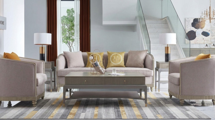 Sofá de diseñador con asientos acolchados 3+1+1 beige conjunto de tela de sofá de terciopelo nuevo.