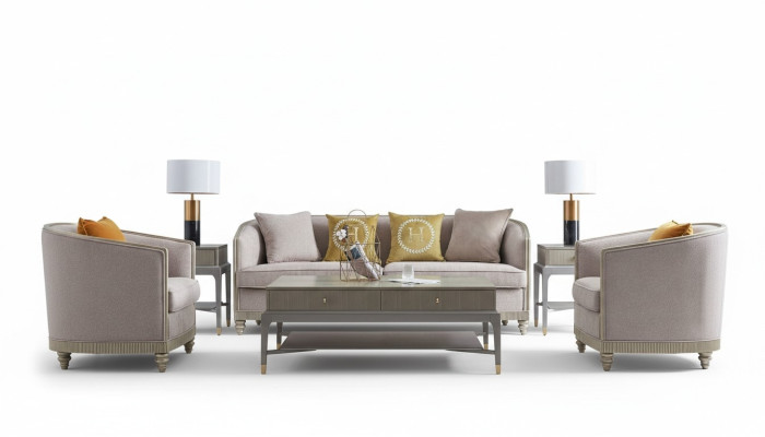 Sofá de diseñador con asientos acolchados 3+1+1 beige conjunto de tela de sofá de terciopelo nuevo.