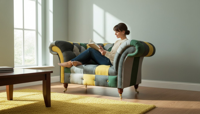 Sillón Chesterfield, sofá de televisión de 1,5 plazas, sofá de tela, tapizado de tela.