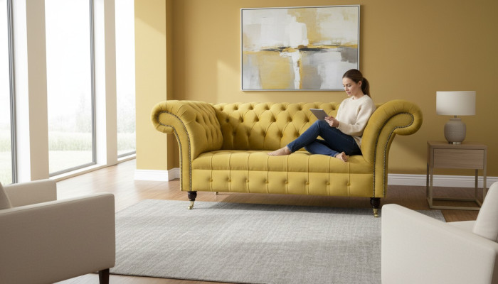Chesterfield Diseño Sofá de lujo Sofá Conjunto de asientos Cuero Textil Amarillo Nuevo