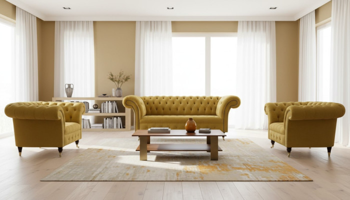 Chesterfield Diseño Sofá de lujo Sofá Conjunto de asientos Cuero Textil Amarillo Nuevo
