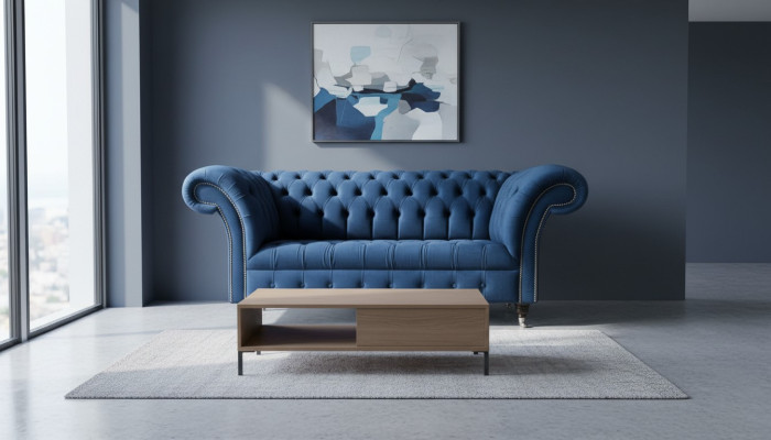 Diseño Chesterfield Sofagarnitur Sofá de 2 plazas Textil Azul Sofás Tapizados Azules