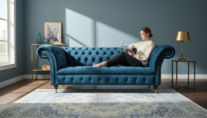 Sofá grande XXL de 3 plazas Chesterfield tapicería de tela textil.