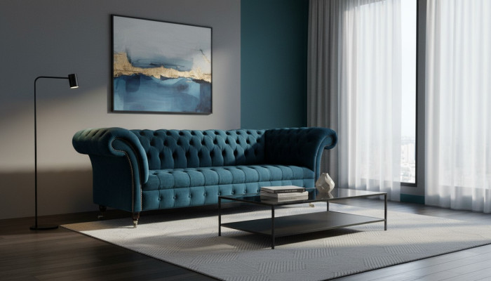 Sofá grande XXL de 3 plazas Chesterfield tapicería de tela textil.