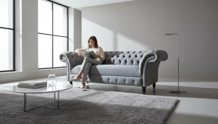 XXL sofá grande de 3 plazas Chesterfield tapizado, conjunto de asiento de tela textil.