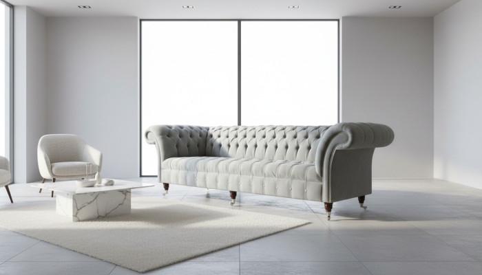 Sofá grande gris Chesterfield 265 cm, sofás tapizados de 4 plazas de cuero.