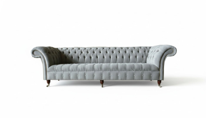 Sofá grande gris Chesterfield 265 cm, sofás tapizados de 4 plazas de cuero.