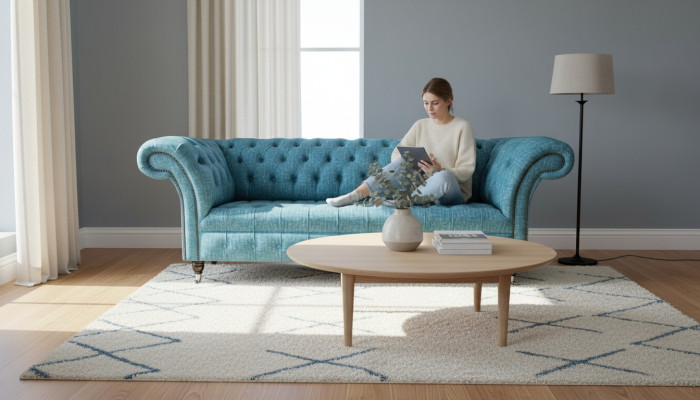 Sofá Chesterfield de tres plazas con cojines decorativos, conjunto de asientos de sofá. Sofás.