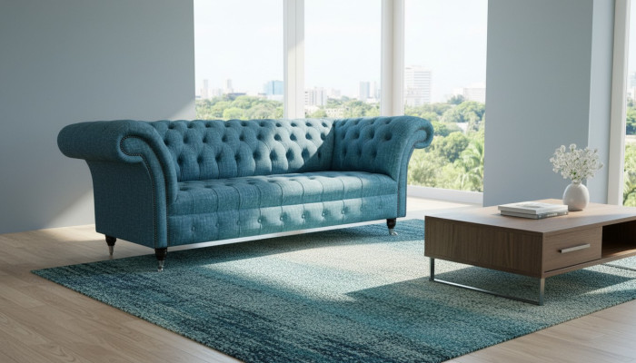 Sofá Chesterfield de tres plazas con cojines decorativos, conjunto de asientos de sofá. Sofás.