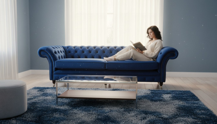 Sofá grande Chesterfield xxl azul 265cm, Sofás tapizados de 4 plazas