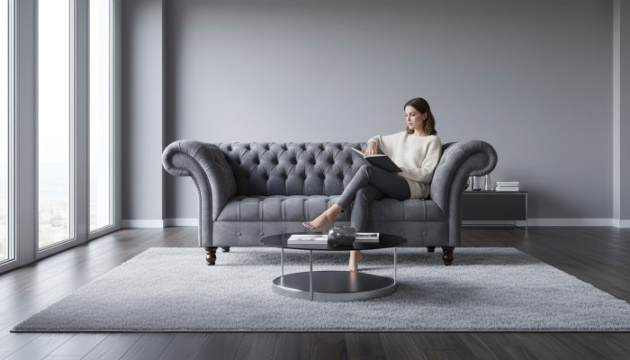 Chesterfield sofá de 3 plazas para la sala de estar en gris, tapizado en tela.