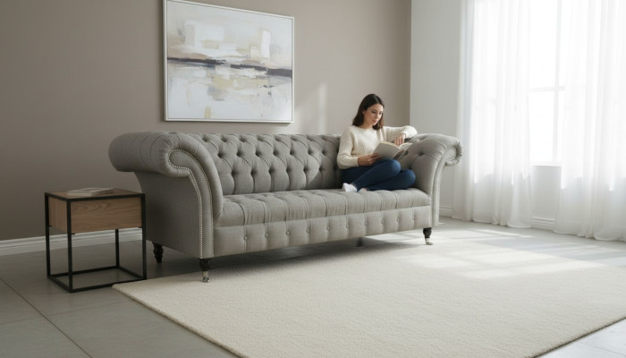 Sofá Chesterfield gris tapizado en tela de cuero y terciopelo.