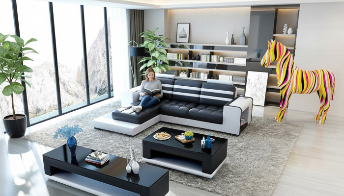 Sofá en forma de L con tapizado de esquina, mesa de centro, cómoda, sofá de cuero, conjunto de sala de estar nuevo.