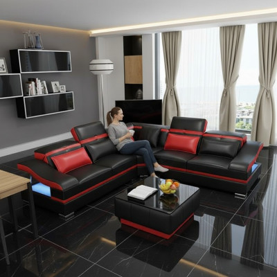 Sofá de esquina en forma de L con mesa de centro, esquina de cuero conjunto de muebles, mesa de sala de estar 2 piezas.