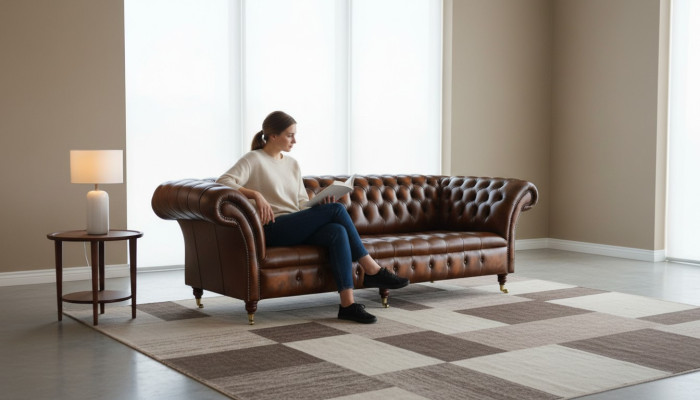 Sofá Chesterfield marrón de cuero acolchado con juego de sofás de 4 plazas.